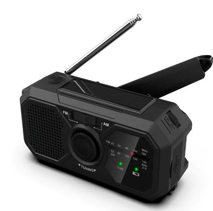 Draagbare noodradio – op zonne-energie en handkurk aangedreven