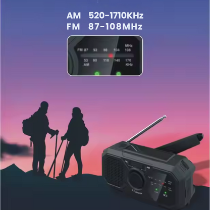 Draagbare noodradio – op zonne-energie en handkurk aangedreven