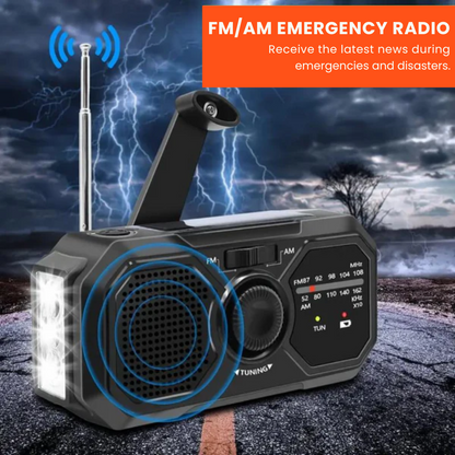 Draagbare noodradio – op zonne-energie en handkurk aangedreven